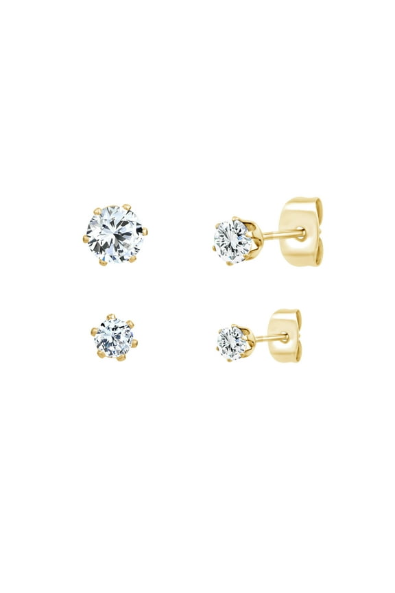 Sensitive Skin Stainless Steel Gold Plate Set of 2 Cubic Zirconia Stud Earrings, Unisex