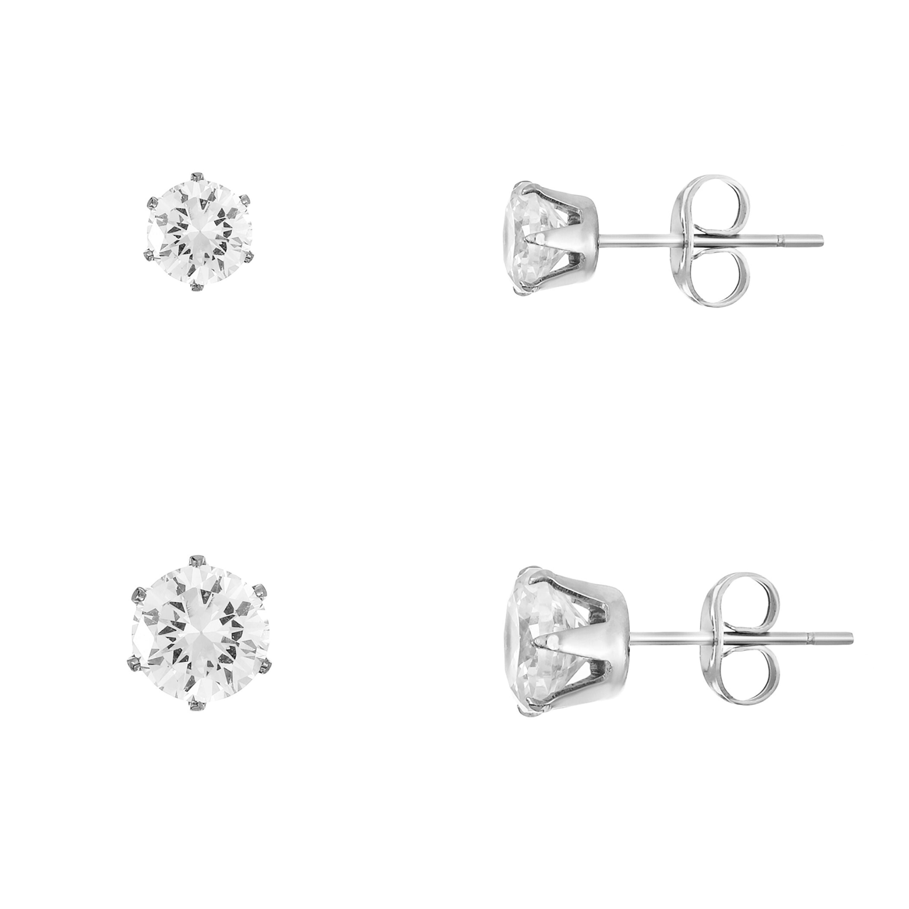 BIJOUX CHATEAU Sensitive Skin Stainless Steel Set of 2 High Quality Cubic Zirconia Stud Earrings Featuring Sizes 5mm & 7mm Round Stone Pairs Unisex