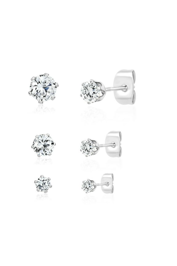 Sensitive Skin Stainless Steel Set of 3 Unisex Cubic Zirconia Stud Earrings 3mm, 4mm, 5mm Round