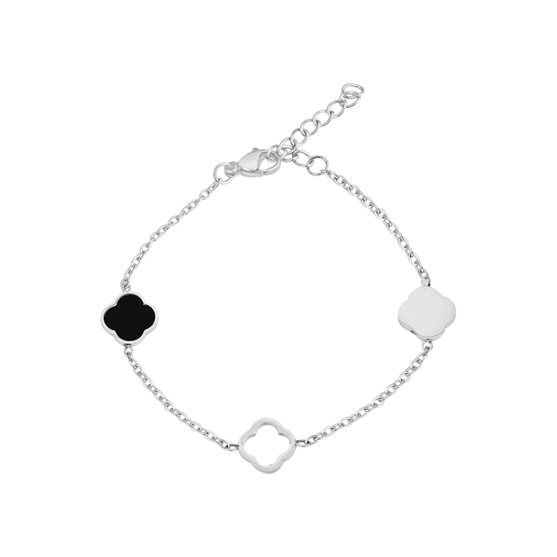 BIJOUX CHATEAU Sensitive Skin Stainless Steel Station Bracelet with Black Enamel and Openwork Flower Motif Reversible Design for Women