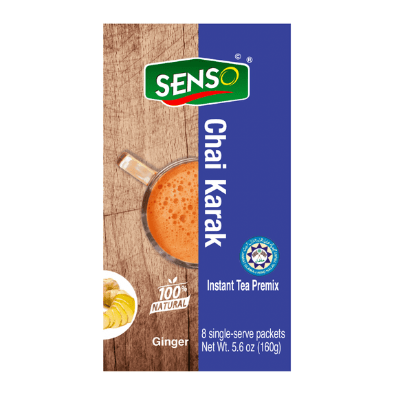 Senso Foods Ginger Chai Karak Instant Premix Single-Serve Packets, 8 Count Authentic Spiced Indian Tea with Milk & Sugar Bold Flavor, Natural Ingredients, Ready in Seconds, Travel-Friendly