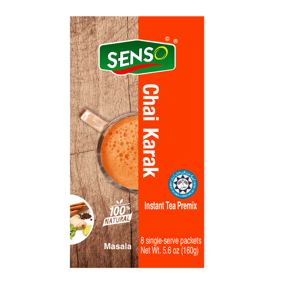 Senso Foods Masala Chai Karak Instant Premix Single-Serve Packets, 8 Count Authentic Spiced Indian Tea with Milk & Sugar Bold Flavor, Natural Ingredients, Ready in Seconds, Travel-Friendly