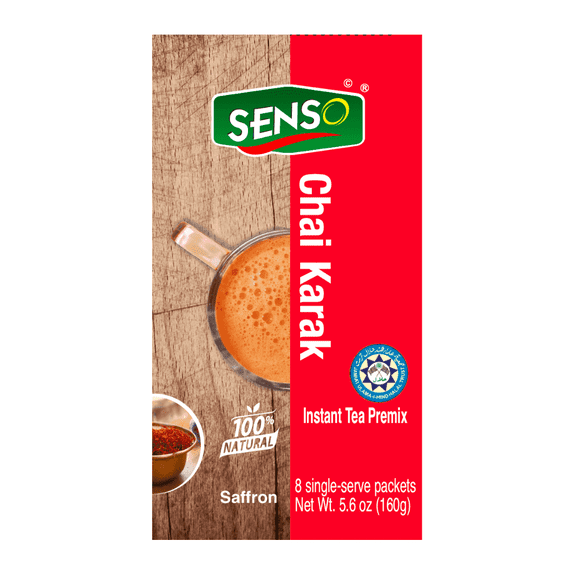 Senso Foods Saffron Chai Karak Instant Premix Single-Serve Packets, 8 Count Authentic Spiced Indian Tea with Milk & Sugar Bold Flavor, Natural Ingredients, Ready in Seconds, Travel-Friendly