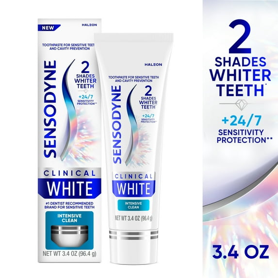 Sensodyne Clinical White Toothpaste Clinically Proven Whitening for Sensitive Teeth, Intensive Clean, Mint Flavor, 3.4 oz