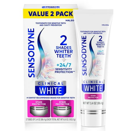 Sensodyne Clinical White Toothpaste Clinically Proven Whitening for Sensitive Teeth, Stain Protector, 3.4 Oz x 2