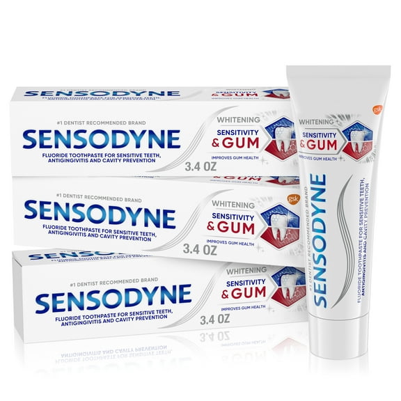 Sensodyne Sensitivity & Gum Whitening Toothpaste, Unflavored, 3.4 Oz (Pack of 3), for Adults