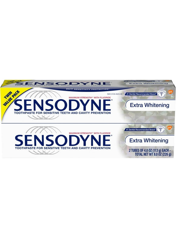 Sensodyne Sensitivity Toothpaste, Extra Whitening, 24/7 Protection, 4 oz (Pack of 2) - Unflavored