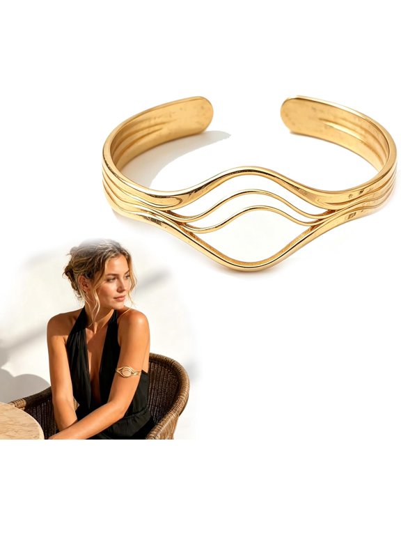 Sensor Armband - Adjustable Jewelry-Style Holder for Compatible Sensors, Stainless Steel Open Cuff Arm Band Cover, Gold Tone Bangle Design, Tarnish Free Fashion Accessory
