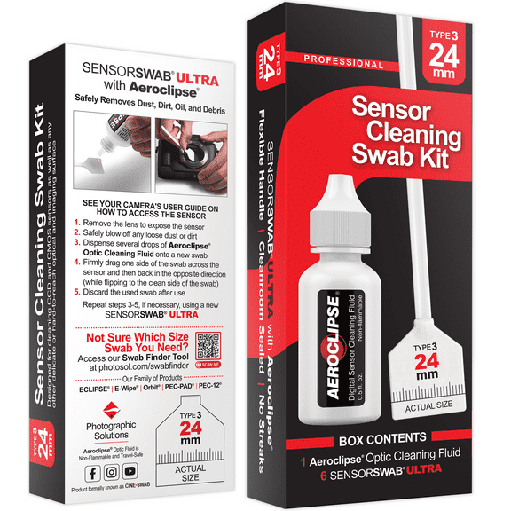 Sensor Cleaning Swab Kit - Eclipse Optic Cleaning Solution (0.5oz/15ml) + Type-3 Sensor Swab Ultra 24mm (Pack of 6) - for Full Frame CMOS and CCD Sensors - Dust & Oil Remover