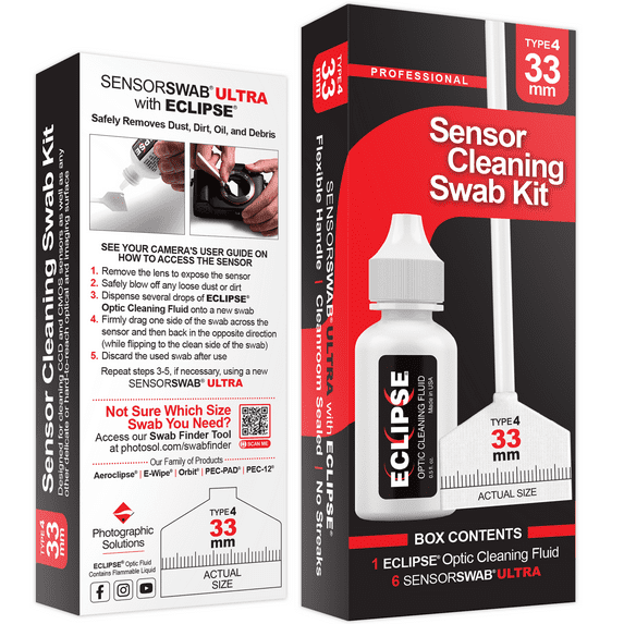Sensor Cleaning Swab Kit - Eclipse Optic Cleaning Solution (0.5oz/15ml) + Type-4 Sensor Swab Ultra 33mm (Pack of 6) - for Medium Format CMOS and CCD Sensors - Dust & Oil Remover