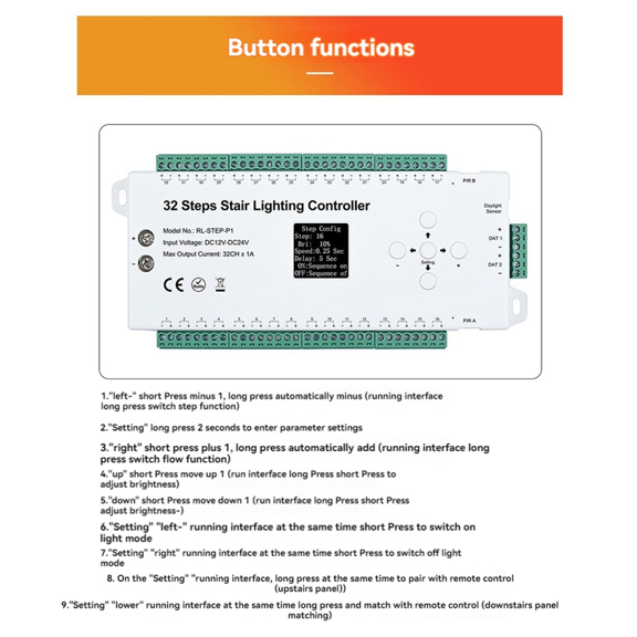 Sensor Stair Controller 32 Steps 2-In-1 Tread Plus Running Water Light Sensor Panel Switch Human Infrared Controller