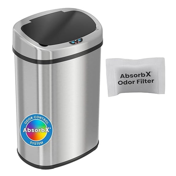 SensorCan 13 Gallon Touchless Trash Can, Stainless Steel Kitchen Bin with Odor Filter, Automatic Infrared Motion Sensor, Oval Shape