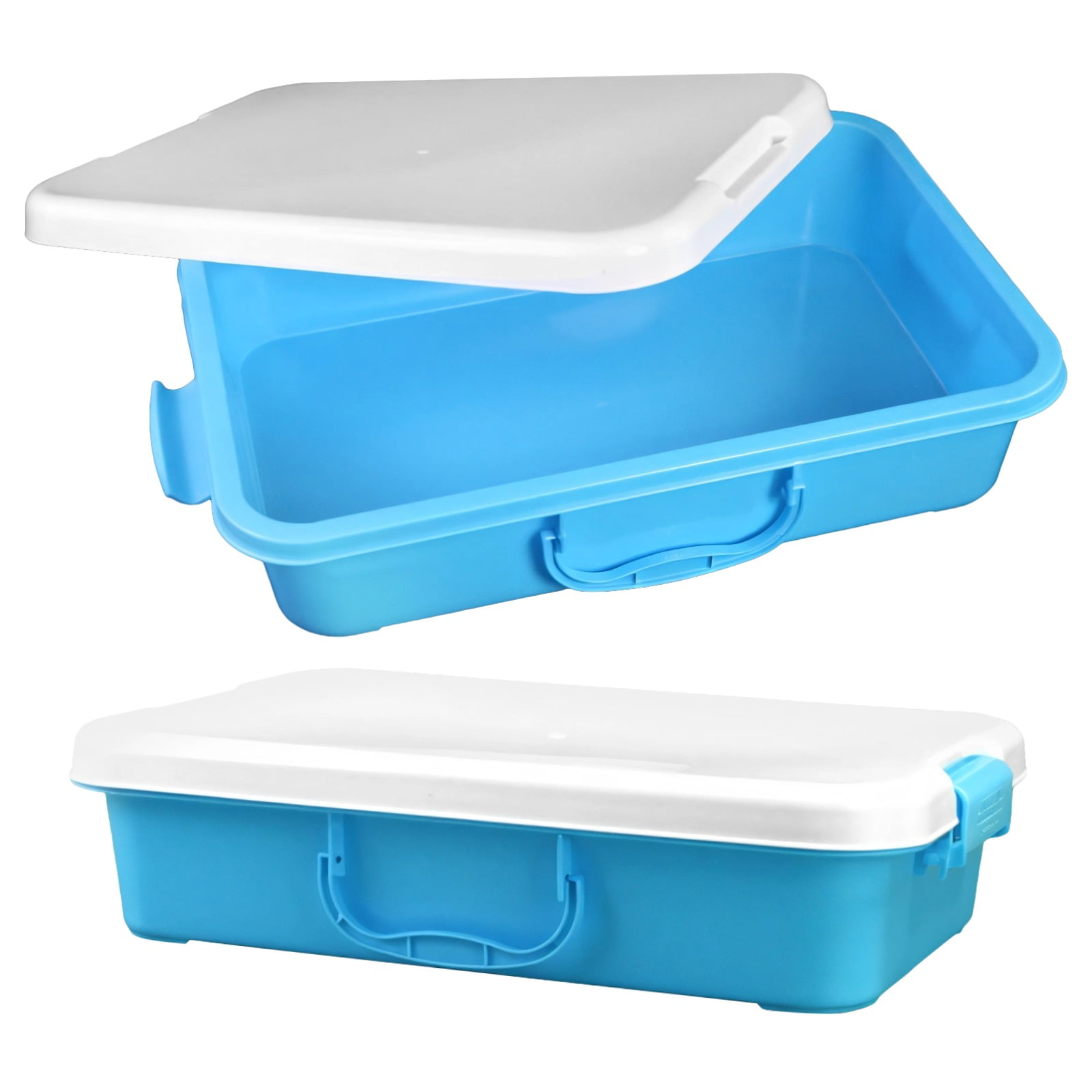 Sensory Bin Sand Tray 2 Pcs, Plastic Sandbox with Lid and Handles, Multisensory Toys, 15 x 10 x 3.5 in, Blue + White