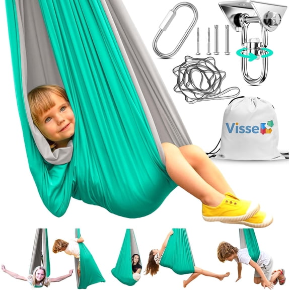 Sensory Cocoon Swing for Kids Indoor Outdoor Calming Hammock Holds 300 Lbs with 360 Degree Swivel Hardware Grey Mint