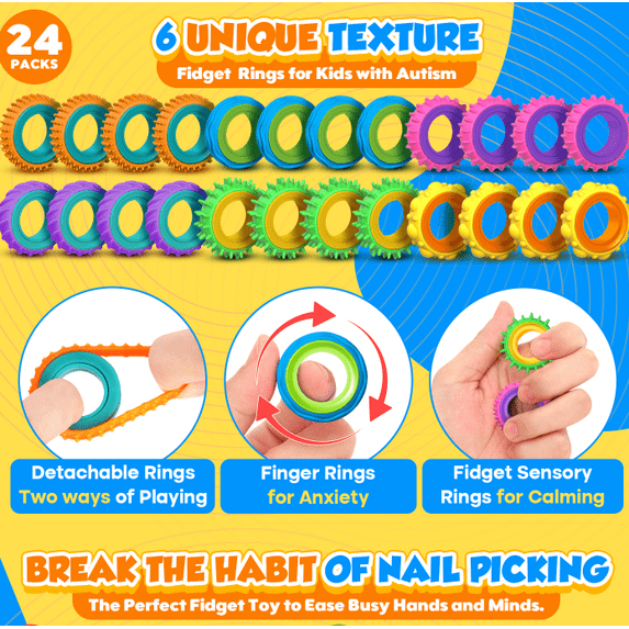 Sensory Fidget Rings: 24 Pack Bulk Fidget Toys – Quiet Stress Relief & Calming Sensory Tools – Ideal for Desk Use, Party Favors, Stocking Stuffers & Reward Prizes