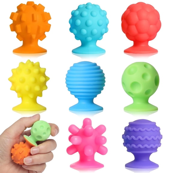 Sensory Fidget Toys 1 2 3 Toddlers Adults: 8 Pack Basket Stocking Fillers Textured Suction Cup Bath Toys for 3-9 Kid Autism ADHD Toy for Classroom Prizes Calm Down Corner Supplies Travel Toys Age 3+
