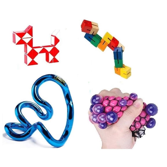 Sensory Fidget Toys Set Of 4 Pcs- Stress Reducer Anxiety Relief Toys for Focus & Calm Includes 1 Tangle Jr. Metallic Fidget Toy, 1 Mesh Squeeze Grape Ball , 1 Wooden Fidget Block, 1 Snake Cube Puzzle