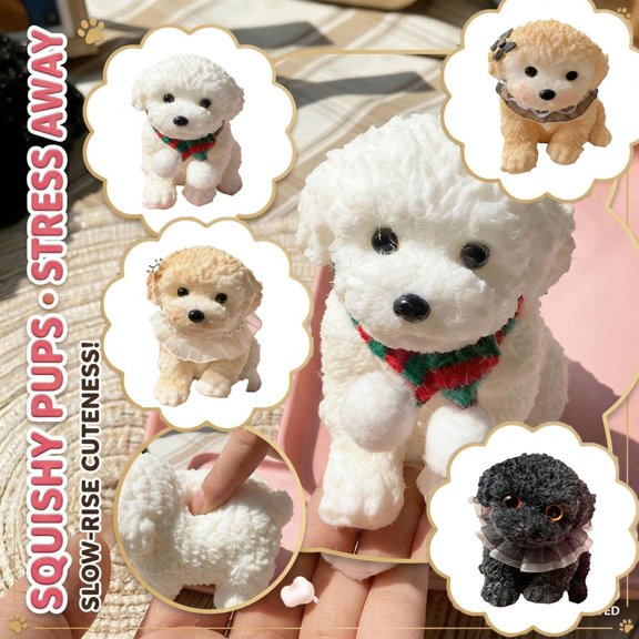 Sensory Squeeze Decor, Plush Dog Decor, Sensory Decor, 5X4 in, Resin Core, Vibrant Design Plush, Dog Collar with Bow, Anxiety Plush, Stress Relief, Desk Fidget, Office Decor, 1 Pc