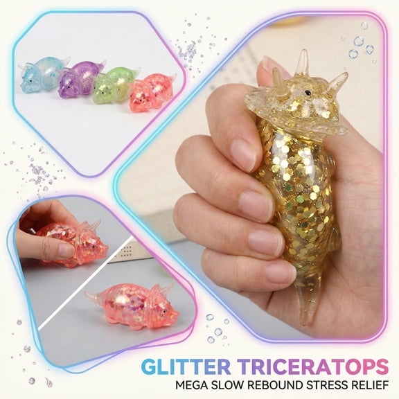 Sensory Squeeze, Glitter Triceratops Playset, Random Color, 4X2 In, 1 Pc, Dinosaur Dinosaur Toys, Squeeze Toys Adults Relaxation, Stress Toys, Sensory Playset, All Ages Playset,