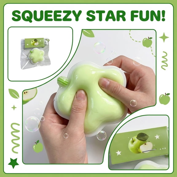 Sensory Squeeze Star, Silicone, 2X2 In, Apple Squeeze, Kawaii, Relaxation, Students Sensory, Light Green, 1 Pc