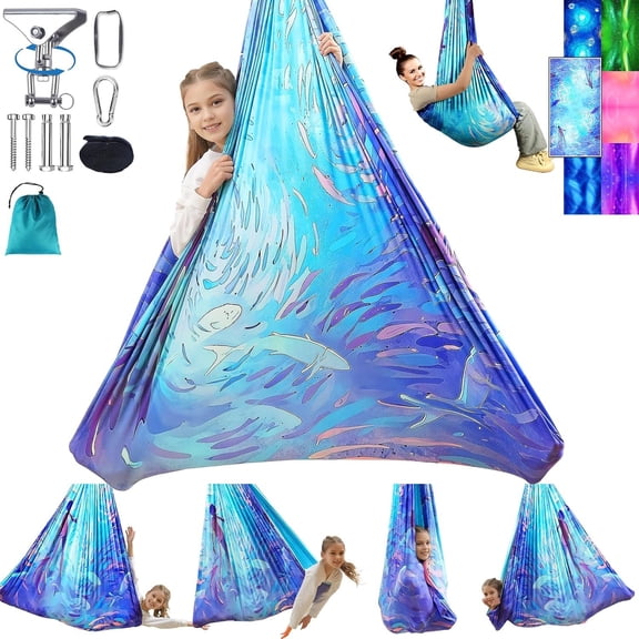 Sensory Swing for  and Adults Indoor & Outdoor Double Layer  Cuddle Holds up to 300lbs Adjustable Hammock Chair with 360? Swivel Hanger Kit Effect for Aspergers  (Cerulean)