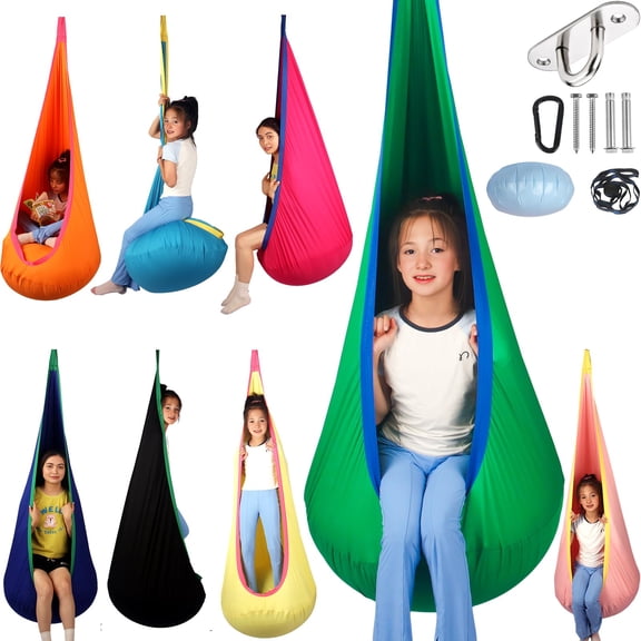 Sensory Swing for Kids Indoor and Outdoor Pod Hammock Chair Seat Upgrade Max 300 lbs Hanging Swing with Inflatable Cushion Includes Hardware Hanger Kit for Aspergers Autism ADHD (Green)