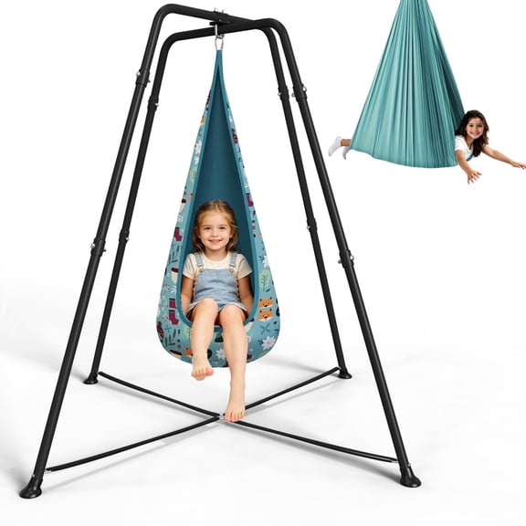 Sensory Swing with stand and Pod Swing, Sensory Chair Indoor/Outdoor, Swing Set for Kids & Adults, 330LBS, Dinosaur Print