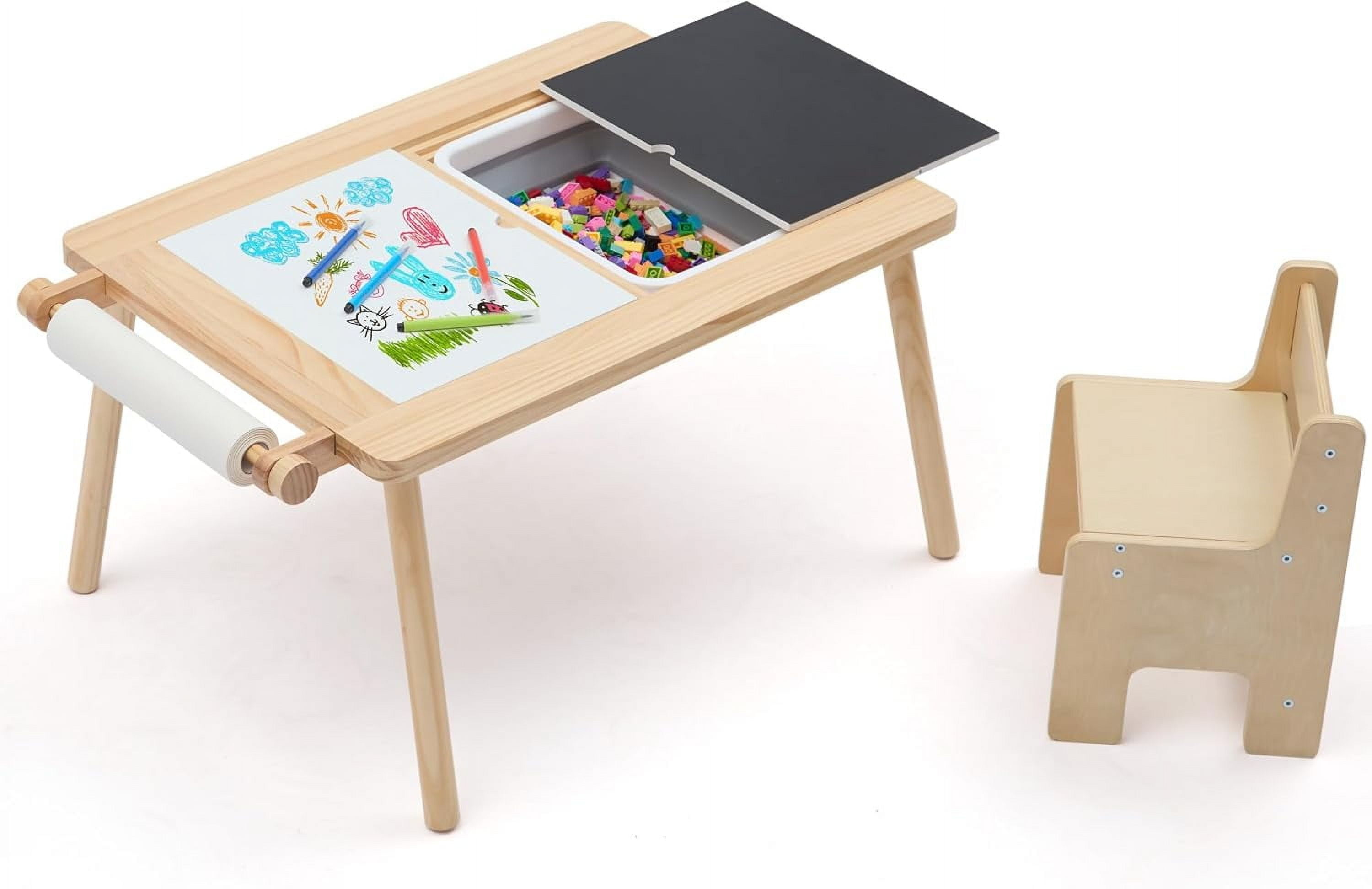 Sensory Table and Chair for Toddlers 2-8, Wood Kids Activity Table with Storage Bins, Toddler Play Table with Roll Holder for Drawing Paper, Kids Art Tables with Double-Sided Graffiti