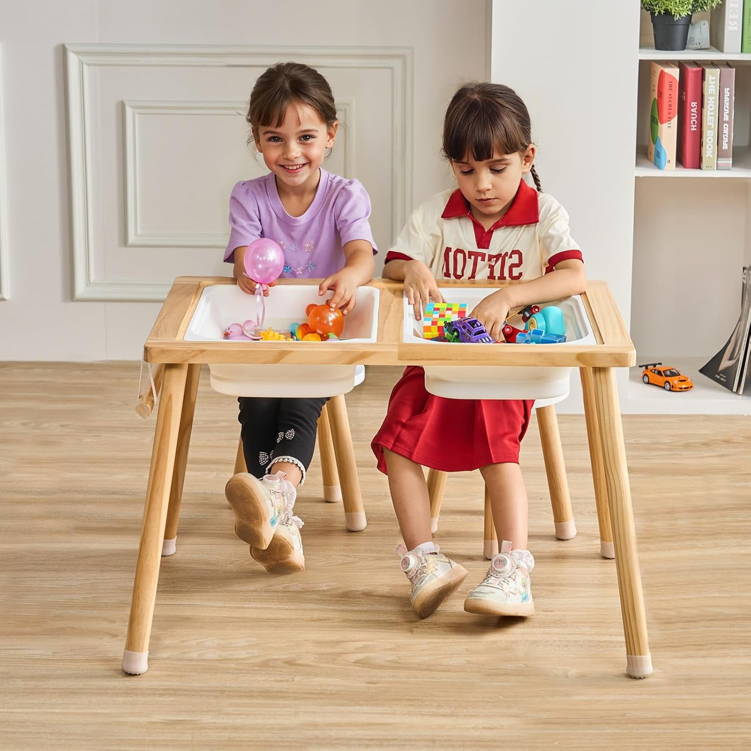 Sensory Table and Chairs Set, Toddlers Activity Table with 2 Stools, 2 Storage Bins & Paper Roll Holder, Indoor/Outdoor Play Sand and Water Table, Wooden Kids Sensory Table - Gift for Boys Girls