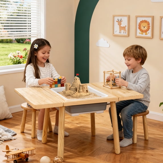 Blingluck Wooden Sensory Table with Flip-Adjustable Desktop, Storage Bins, for Toddlers 1-3