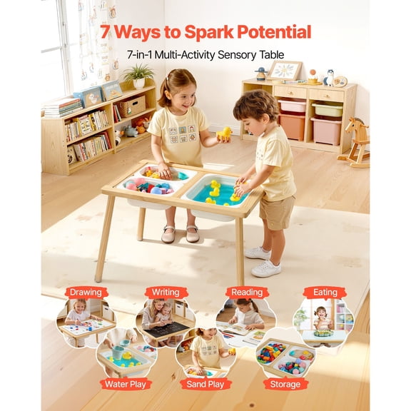 Sensory Table for Toddlers, Wooden Kids Activity Table with Reversible Double-Sided Board, Storage Bins, and Non-Slip Feet, for Boys and Girls Playing Sand and Water, Drawing, Studying, Dining