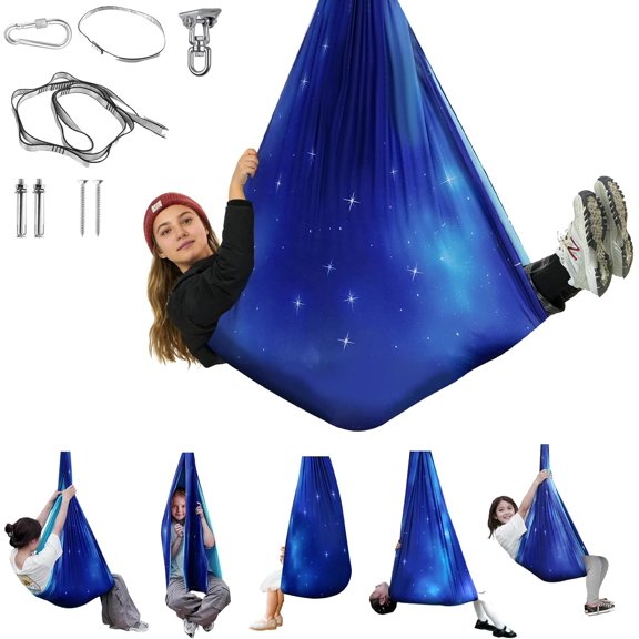 Sensory Therapy Swing for Kids and Adults Indoor Outdoor Double Layer Cuddle Swing with 360    Swivel Hardware Weight Capacity 300 LBS Color Star Blue