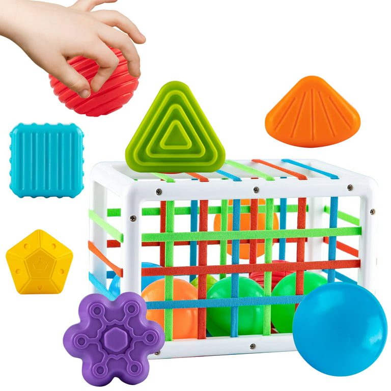 Sensory Toys, Baby Shape Sorter Toy, Montessori Developmental Toys for 1-3  Year Old, Storage Cube Bin & 12 Sensory Shape Blocks, Early Learning