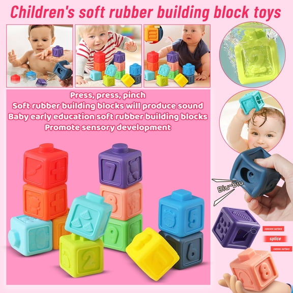 Sensory Toys, Building Toys, Sensory Toys for Babies, Student Hobby Toys, 12-Piece 2X2X2 Inch Soft Building Block Kit, Imprint Number and Pattern Design Blocks for Parent-Child