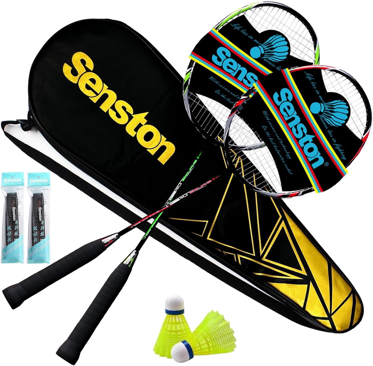 Senston Badminton Rackets Set of 2, Graphite Shaft Badminton Racquets Including Badminton Bag, 2 Badminton Shuttlecock red and green
