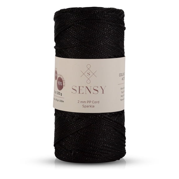Sensy Premium 2mm 251 Yards Sparkle Polyester Rope 90% Polypropylene 10% Polyester Cord Macrame Cord 2mm Crochet Bag Cord Macrame Rope Crochet Thread Gift for Knitter (Black Sparkle)