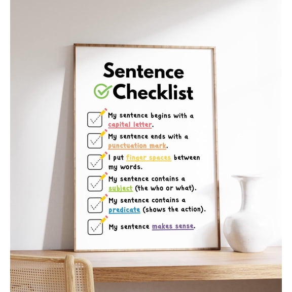 Sentence Checklist Poster Writing Skills Chart, Unframed Paper Poster 8x10in