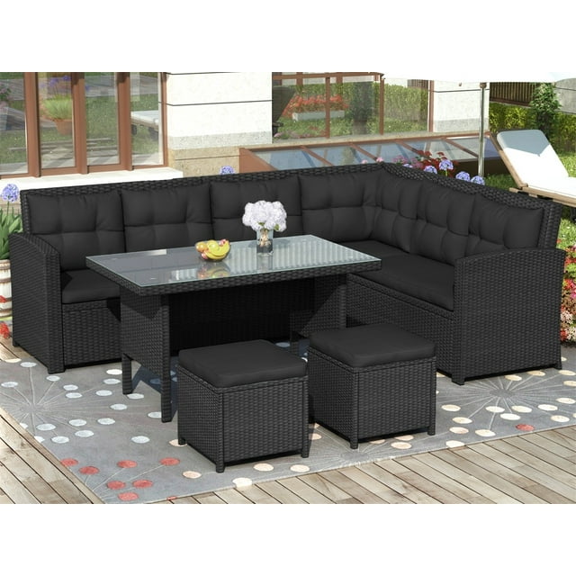 Sentern 6-Piece Outdoor Rattan Sectional Sofa with Ottomans and Coffee Table