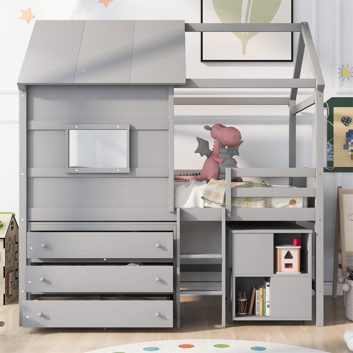 SENTERN Twin Size House Loft Bed with Storage Desk and 3 Drawer Chest