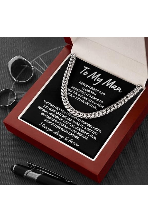 Sentimental Birthday Gift for Husband from Wife, Curb Chain Necklace for Man, To My Man Birthday Gift Ideas Cuban Link Chain Necklace with Message Card and LED Box