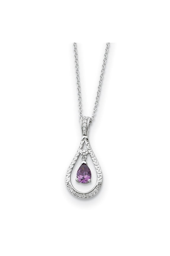 Sterling Silver Rhodium-plated Feb. CZ Stone Never Forget Tear 18 Inch Birthstone Necklace
