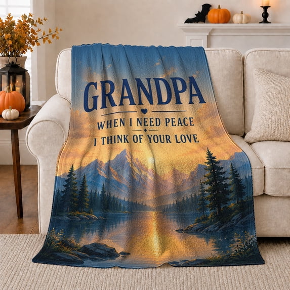 Sentimental Grandpa Mountain Sunset Quote Peaceful Tribute, Peaceful Mountain Lake Scene, Warm Flannel Blanket for Cabin and Lodge, Outdoor Lovers Father's Day Gift, Artistic Home Decor