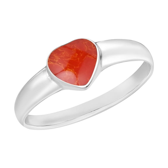 Sentimental Pure Heart Red Coral Inlay Sterling Silver Band Ring-8
