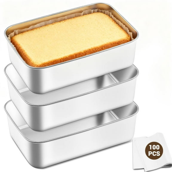 Sentk 3-Piece Nonstick Rectangle Cake Pan Set with 100 Baking Papers - Oven Safe Bakeware for Bread, Desserts, Home & Restaurant Use