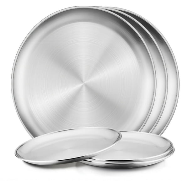 Sentk 6-Pack Stainless Steel Dinner Plate Set,3x8-inch & 3x10-inch Round Pizza Baking Pan for Oven,Non-Stick&Non-Toxic Pizza Tray for Family, Reusable,Dishwasher Safe(Sliver)