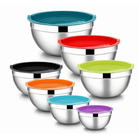 Sentk Mixing Bowls Set with Lids, 7PCS Stainless Steel Nesting Salad Bowls,4.5/4/3.5/2.1/1.5/1.1/0.7QT Metal Prep Bowls Ideal for Baking, Prepping, Cooking & Serving (Multicolor)