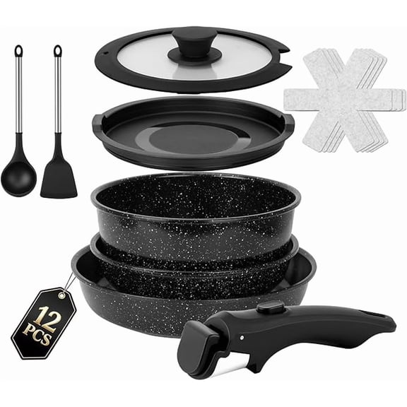 Sentk 12 Piece Nonstick Pots and Pans Set with Detachable Handle, Speckled Black Cast Iron Cookware Set, Stackable RV and Apartment Essentials Kitchen Set, Oven Induction Safe