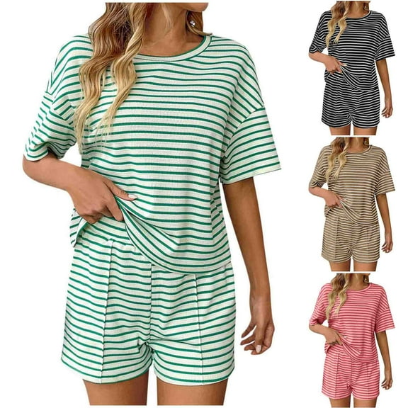 Sentmoon 2 PCS Gowns for Women Sleepwear Crew Neck Women's Loungewear Sets Short Sleeve Loose Striped Print Pajama Set Stylish for Loungewear Outfits Khaki L