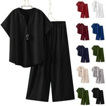 Sentmoon 2 PCS Linen Tops for Women and Long Pants Set Button down V Neck Breathable Summer Outfits for Women Short Sleeve Loose Tees for City Sightseeing Green S