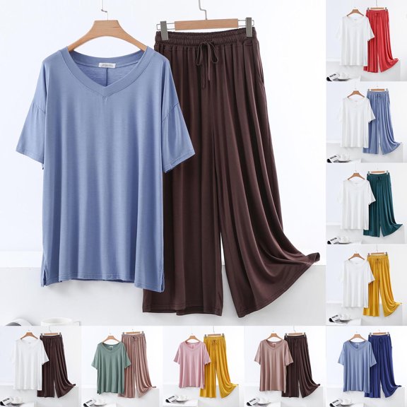 Sentmoon 2 PCS Pajama Pants V Neck Womens Night Gowns for Sleeping Short Sleeve Loose Solid Color Sleep Wear Set for Women for Family Matching Photos Coffee XL